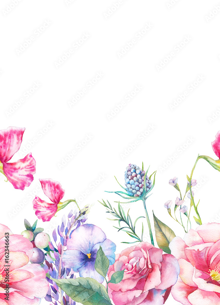 Watercolor floral repeating border. Hand drawn summer seamless pattern design isolated on white background. Frame with wild and garden flowers, herbs and leaves
