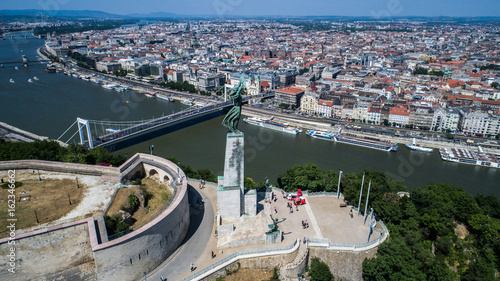 Aerial View of Budapest and the Danube River and Liberty statue