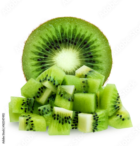 Half and diced kiwifruit isolated over white