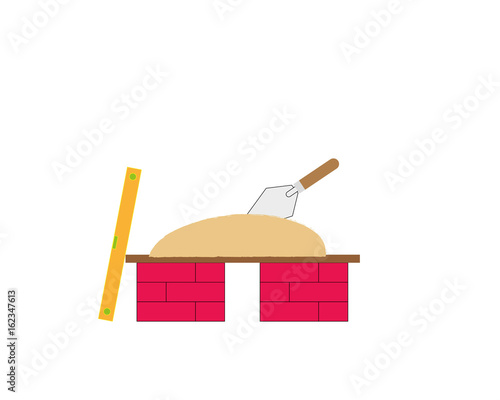 flat vector showing pile of bricks with cement board on top also shown is a bricklayers level and brick trowel.