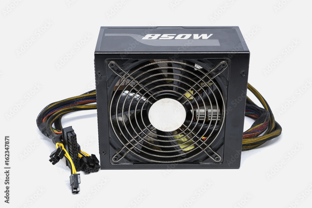 Computer power supply fan 850 watt with cable for ATX full tower case isolated on white background