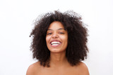 Close up cheerful african american woman with bare shoulders