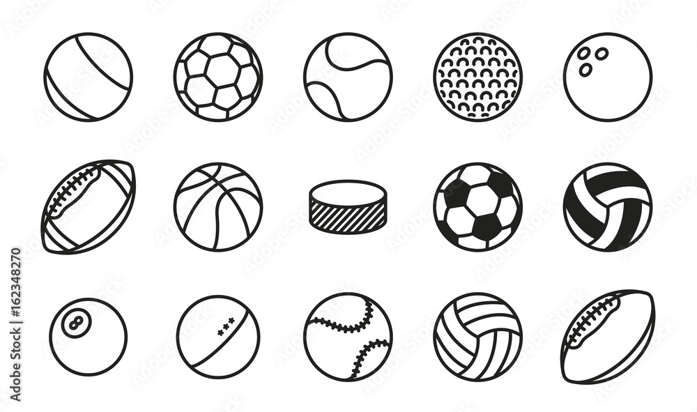 Fototapeta Sportowe piłki minimalnej płaskiej linii wektor zestaw ikon. Piłka nożna, piłka nożna, tenis, golf, kręgle, koszykówka, hokej, siatkówka, rugby, basen, baseball, ping pong
