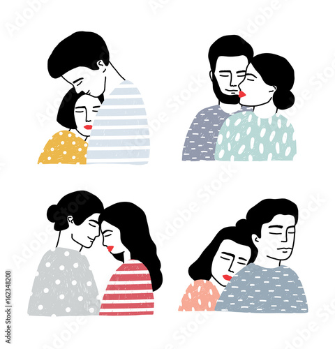 Set of couples in love. Portraits of loving guy and girl. Gentle hugs and kisses collection. Colorful vector illustration in cartoon style.