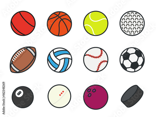 Sports Balls Minimal Color Flat Line Vector Icon Set. Soccer, Football, Tennis, Golf, Bowling, Basketball, Hockey, Volleyball, Rugby, Pool, Baseball, Ping Pong