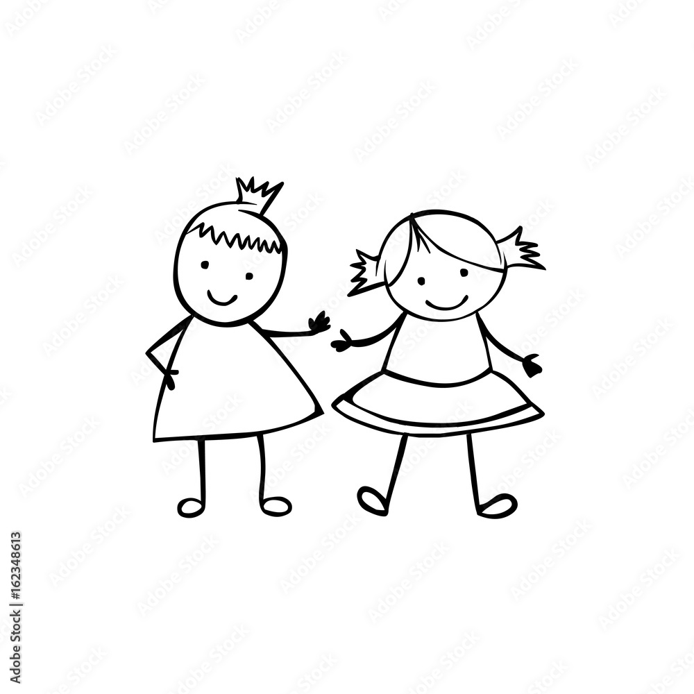 Two linear girls. Vector in children's style Two linear girls. Vector in children's style