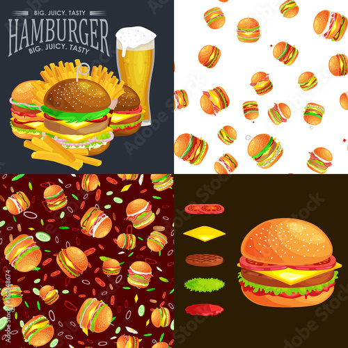 Set of burger grilled beef and fresh vegetables dressed with sauce bun for snack, american hamburger fast food barbecue meat meal with bread tomato cheese, Hamburger vecor illustration background