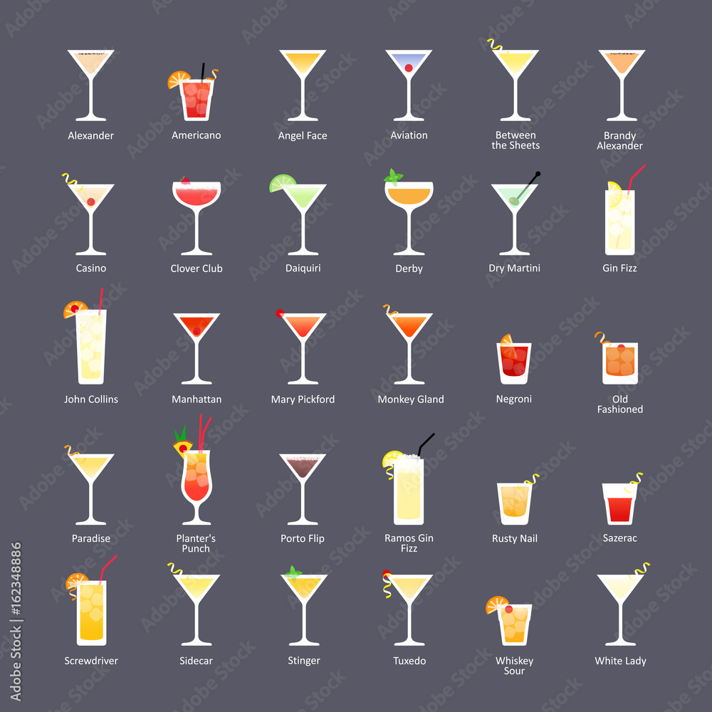 Alcoholic cocktails, IBA official cocktails The Unforgettables. Icons set in flat style on dark background - obrazy, fototapety, plakaty 