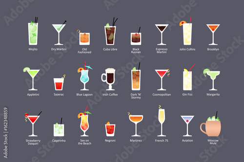 Most popular alcoholic cocktails part 1, icons set in flat style on dark background