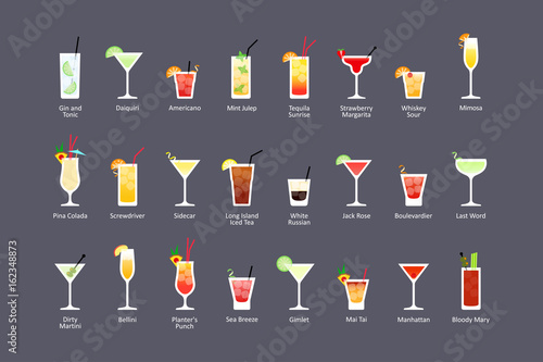 Most popular alcoholic cocktails part 2, icons set in flat style on dark background photo
