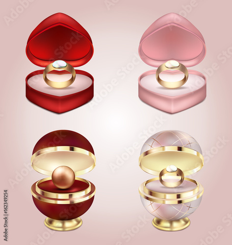 Set of icons. Ring with pearls and a diamond in a beautiful red box with a heart. Wedding rings and golden pearls on a large soft velvet pillow