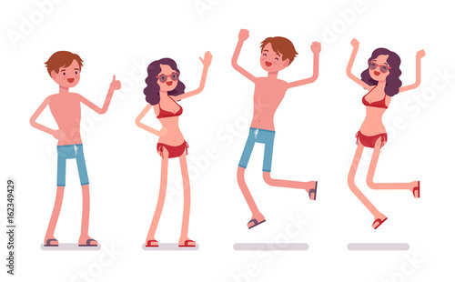 Man and woman in a beachwear, positive emotions