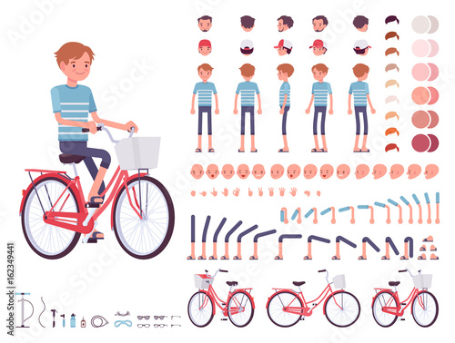 Young man cycling city bike. Character creation set