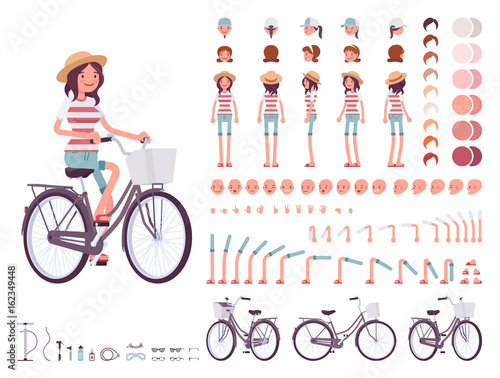 Young woman cycling city bike. Character creation set