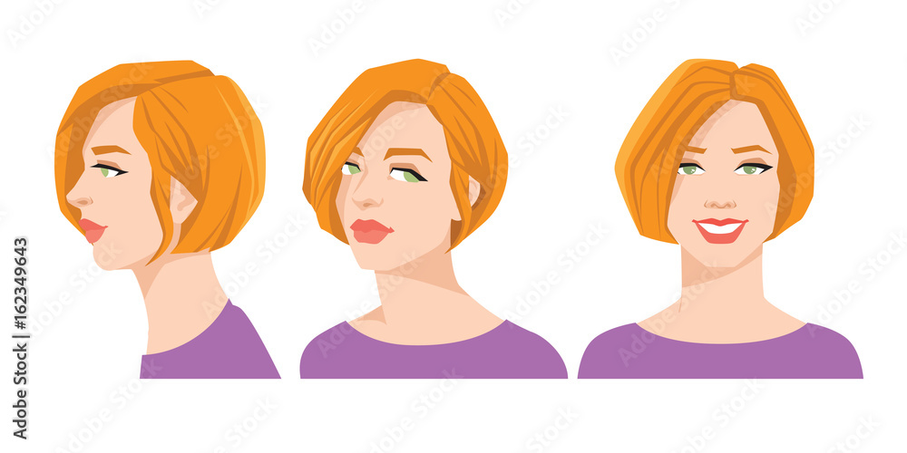 Vector illustration of beautiful woman's face on white background. Various turns heads. Face in front and profile. Vector illustration of beautiful woman's face on white background. Various turns heads. Face in front and profile.