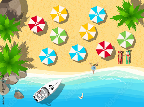 top view people on the beach with palms and rocks