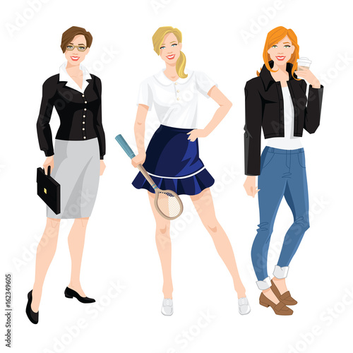 Vector illustration of women in different style of clothes isolated on white background