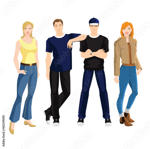 Group of people in different clothes and pose isolated on white background