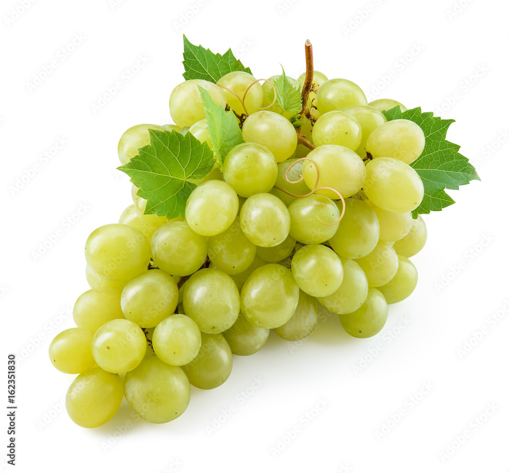 Grape. Green grape. Grape with leaves isolated on white. With clipping path. Full depth of field.