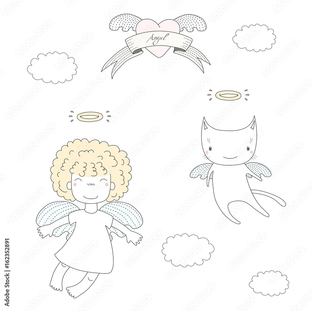 Fototapeta premium Hand drawn vector illustration of a cute little angel girl with puffy hair and angel cat, flying, with heart and text Angel on a ribbon