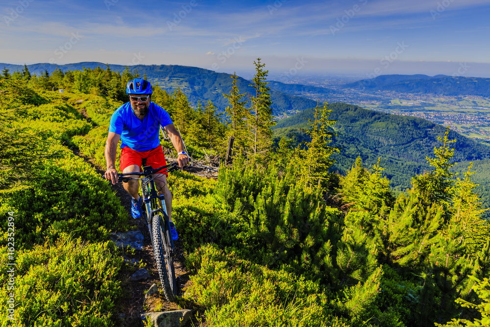 Mountain biker riding on bike in summer mountains forest landscape. Man cycling MTB flow trail track. Outdoor sport activity.