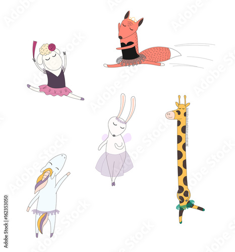 Hand drawn vector illustration of cute funny cartoon animal ballerinas dancing - sheep, fox, unicorn, bunny and giraffe