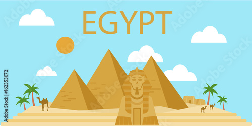 Egyptian pyramids banner in desert with blue sky 