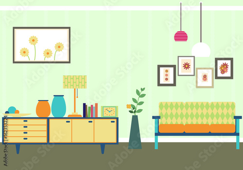 Vintage Living Room interior with sofa and different isolated objects 