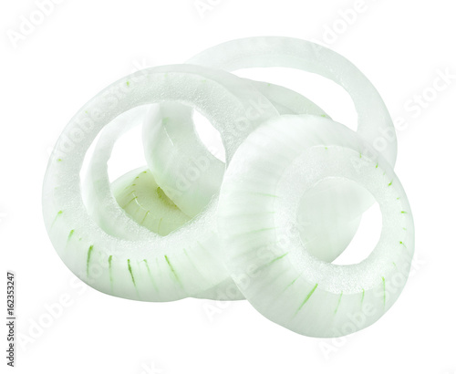 Fresh raw onion rings isolated on white background. With clipping path.