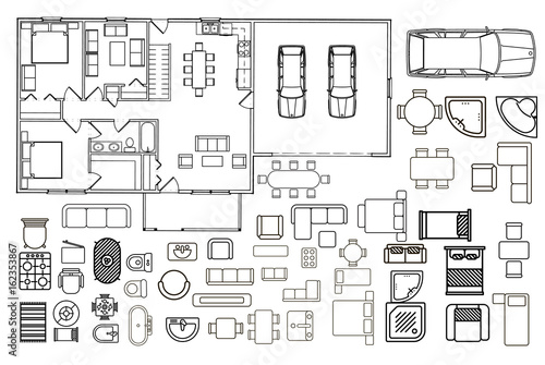 Floorplan with isolated furniture elements in top view 