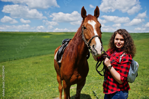 Young pretty girl stay with horse on a field at sunny day. © AS Photo Family