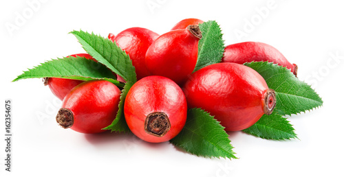 Rosehip. Rosehip isolated on a white. Rosehip berries and leaves. photo