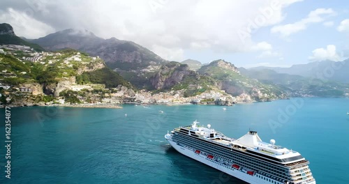 aerial View of Big cruise ship came to Amalfi at Italy