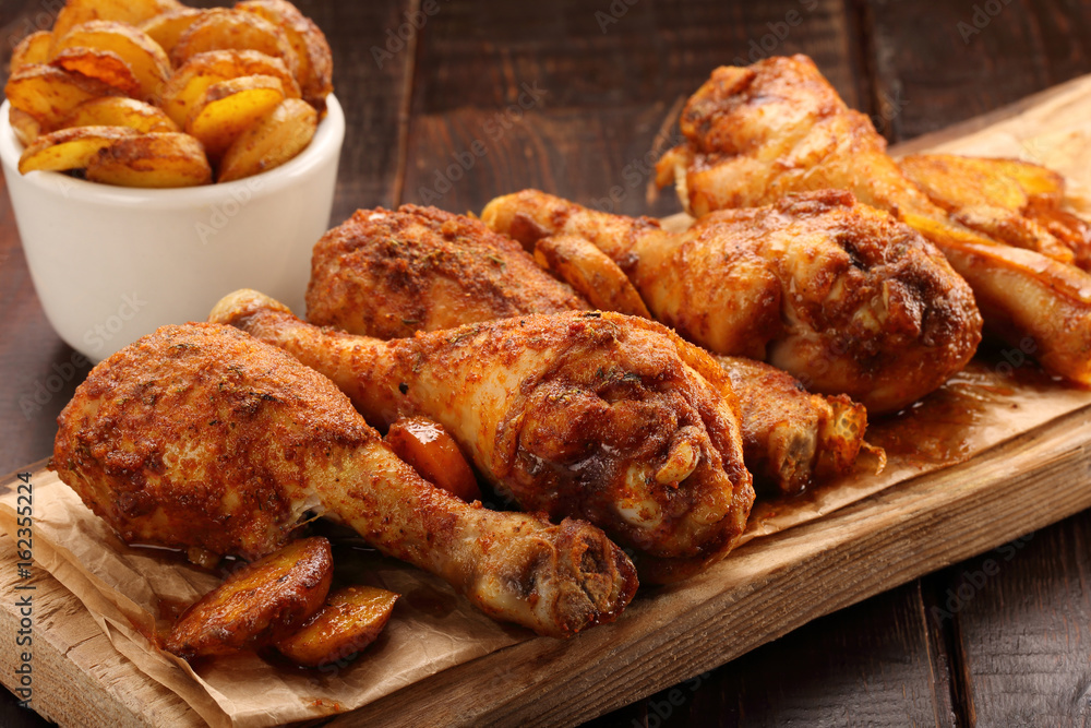 Roasted chicken legs with potato chips