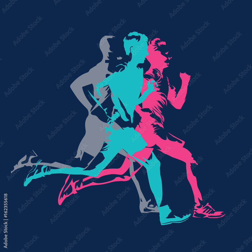 Marathon running, abstract colorful silhouettes of adult runners, vector poster