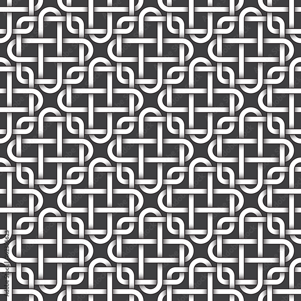 Abstract repeatable pattern background of white twisted strips bands with black strokes. Swatch of intertwined bands in squares and crosses form. Seamless pattern in vintage style.