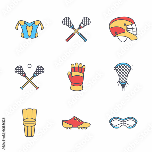 Lacrosse sport game vector line icons. Ball, stick, helmet, gloves, girls goggles. Linear colored signs set, championship pictograms with editable stroke for event, equipment store.