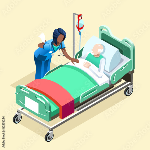 Medical team group of black female nurse or doctor talking to elderly patient in bed. Hospitalization concept with isometric people vector hospital team illustration in flat design