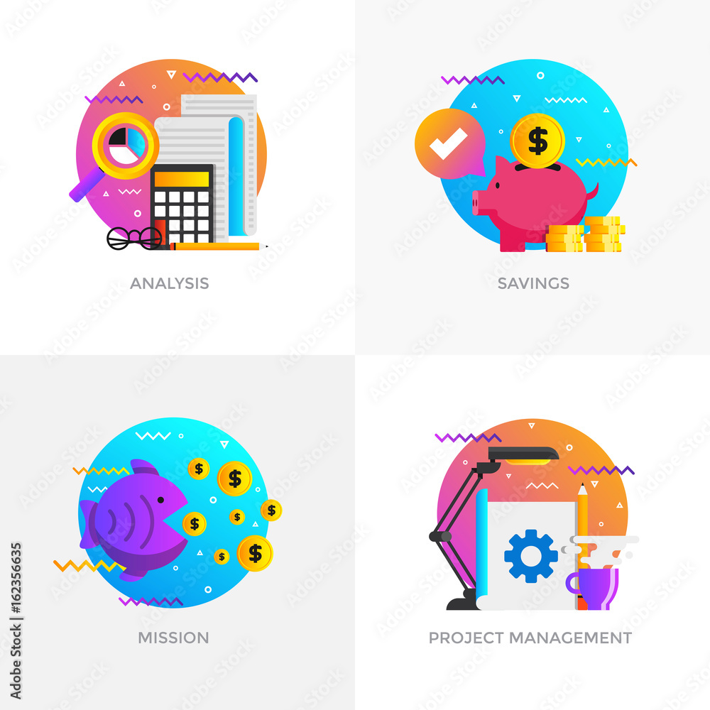 Flat Designed Concepts - Analysis, Savings, Mission and Project management Flat Designed Concepts - Analysis, Savings, Mission and Project management