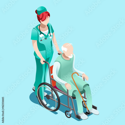Senior female nurse pushing elderly person patient in wheelchair. Clinical hospital interior room infographic isolated flat 3d isometric vector illustration.