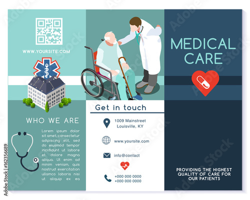 Vector medical clinic trifold brochure simply modern design with clean blue and white background. Flat isometric people elements like hospital professional staff nurse or doctor talking with patient