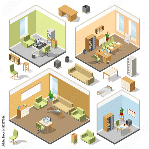 Different isometric workspaces with sectional furniture. Vector 3d architectural plan © ONYXprj