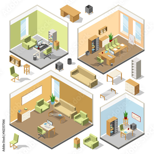 Different isometric workspaces with sectional furniture. Vector 3d architectural plan