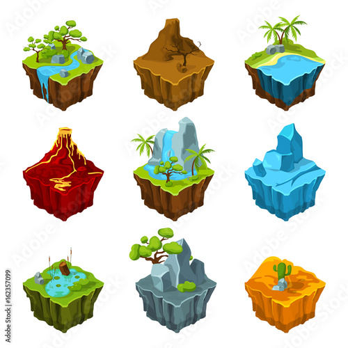 Fantasy isometric islands with vulcans, different plants and rivers. Interface elements in cartoon style. Vector pictures for computer games
