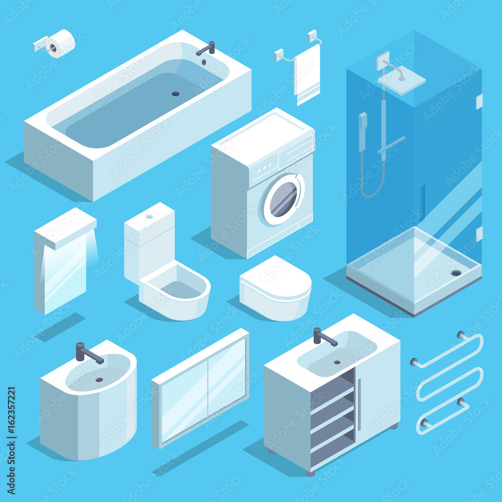 Isometric furniture elements set of bathroom interior. Vector ...