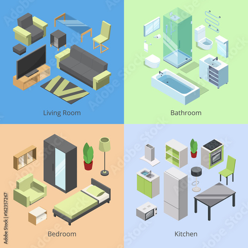 Set of different furniture elements for rooms in modern home. Vector isometric illustrations of kitchen, bedroom, living room, and bathroom
