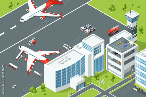 Airport, controls buildings of aircraft. Plane ramp and different support machines on runway. Isometric vector illustrations