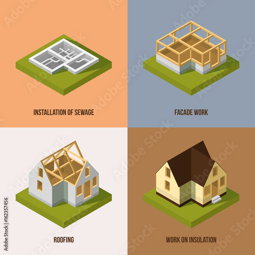 Different construction stages. Isometric vector pictures