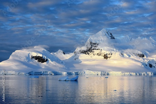 Views of the Gerlache Strait in Antarctica at dusk (Antarctic sunset)