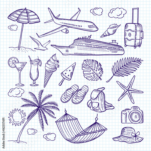 Summer hand drawn elements. Sun, umbrella, backpack and other symbols of funny vacations. Vector doodles set